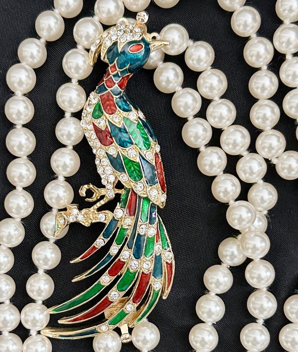 Vintage Faux Pearl Necklace Bird Brooch Clasp Rhinestone Enamel Statement READ